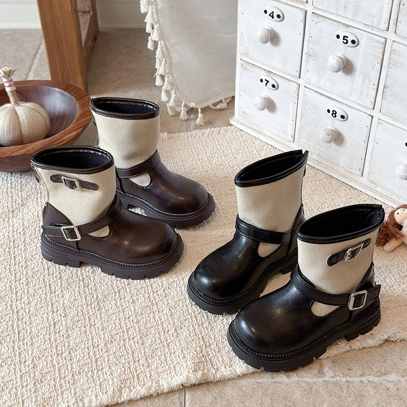 2026 New High Quality Splicing Round Toe Girls Ankle Boots Fashion Belt Buckle Low Heels Shoes Autumn Winter Chelsea Booties