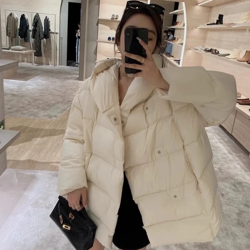 Mid-length Women Jacket Hooded Coats Down Hooded Loose Casual Feather Coats Korean Fashion Solid Parka Thick Warm Down Jackets