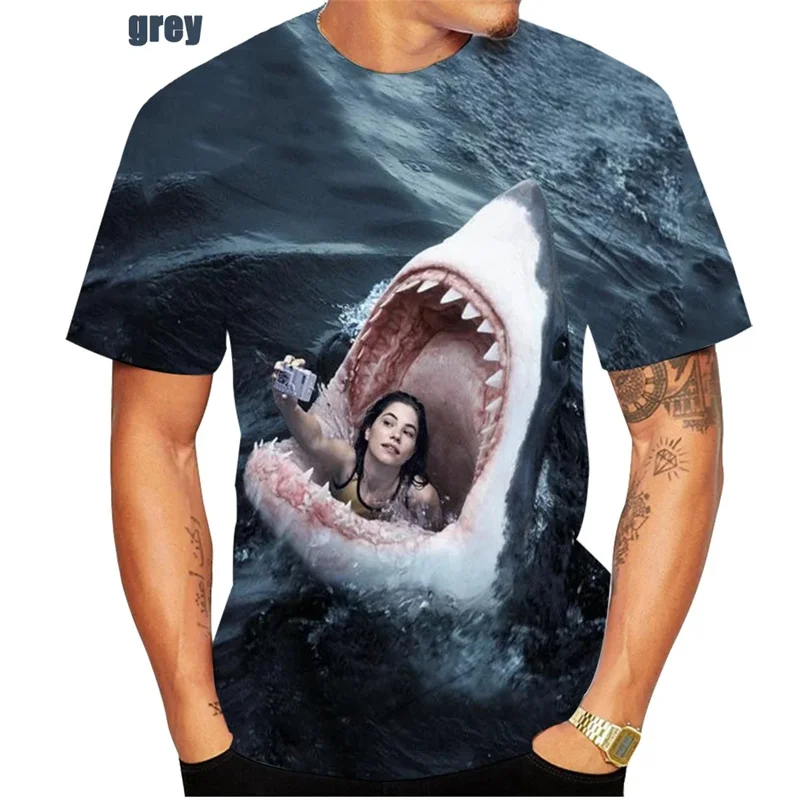 Camisetas de talla grande con estampado 3D de animales del océano, camisetas informales a la moda con cuello redondo, camisetas de calle de manga corta, camiseta de tiburón Horrible para hombres