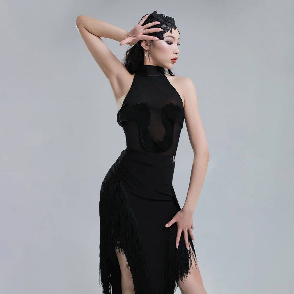 

Vennystyle Latin Dance Dress Women Dance Training Sleeveless Fringe Skirt Sheer Mesh Panels Performance Design