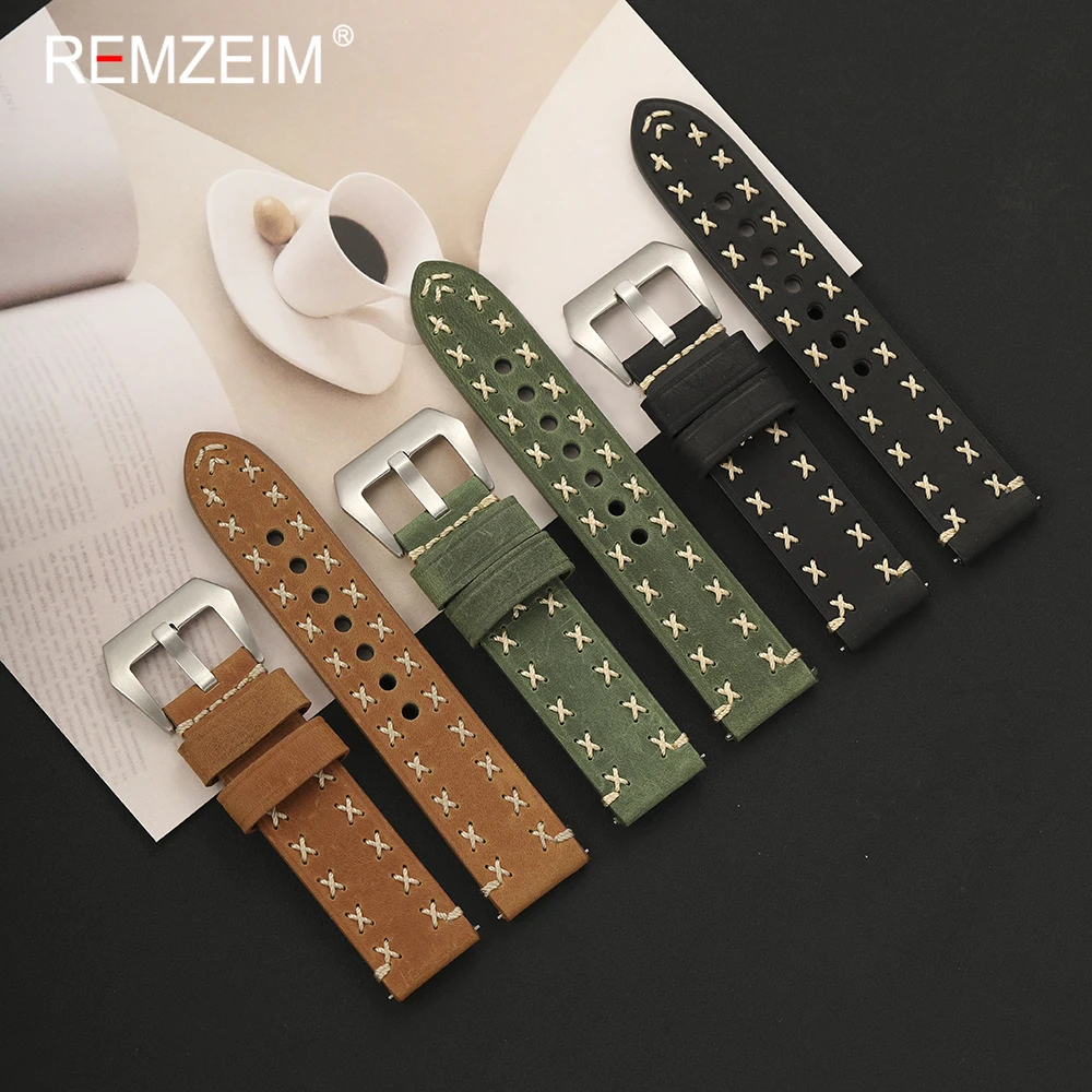 Handmade Crazy Horse Leather Watch Band for Men 20mm 22mm 24mm Quick Release Replacement Strap for Male Wristwatch