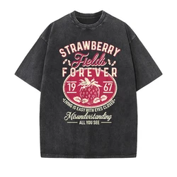 Old School Band Tees Beatle Strawberry Fields Rock Band Unisex Top 100% Cotton Men Retro Oversize Loose Washed Tee Streetwear