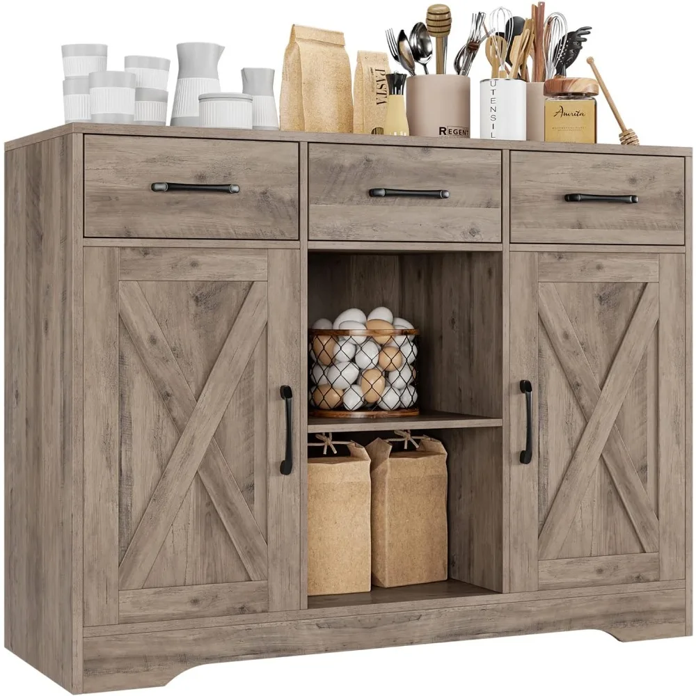 

Modern Farmhouse Buffet Storage Cabinet, with Drawers and Shelves for Coffee Bar, Kitchen, Dining Room, Living Room, Ash Grey