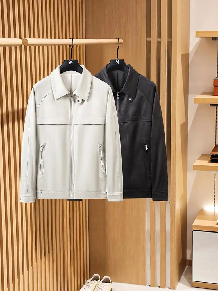 

Ele Gentleman Suede Jaet Anti-Wrinkle Luxury Busin Men's Turn-down Collar Coat Polyester Fiber Long Sve Zipper Cl...