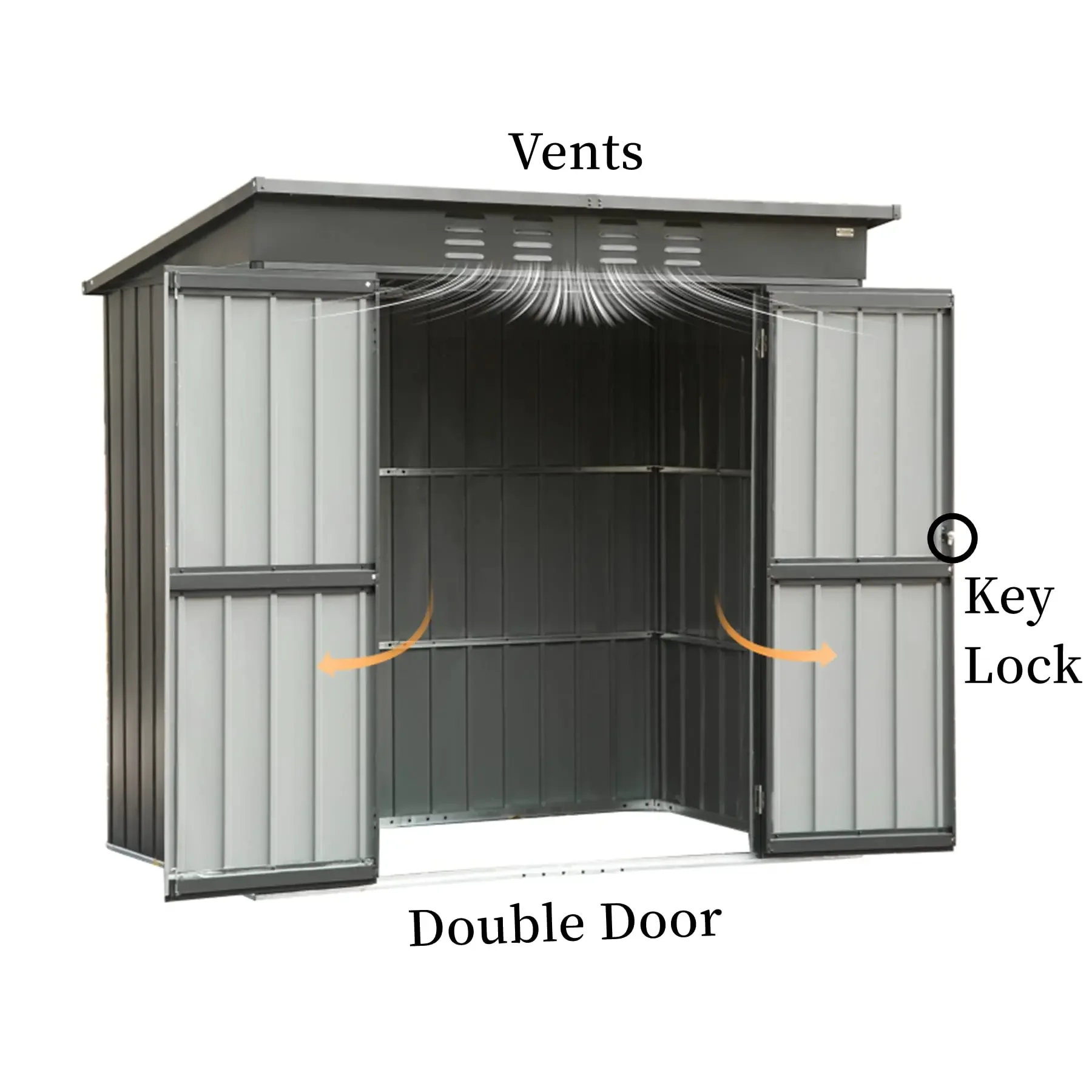 Outdoor Storage Shed Lockable Double Door Galvanized Steel Metal Tool Shed for Patio Furniture