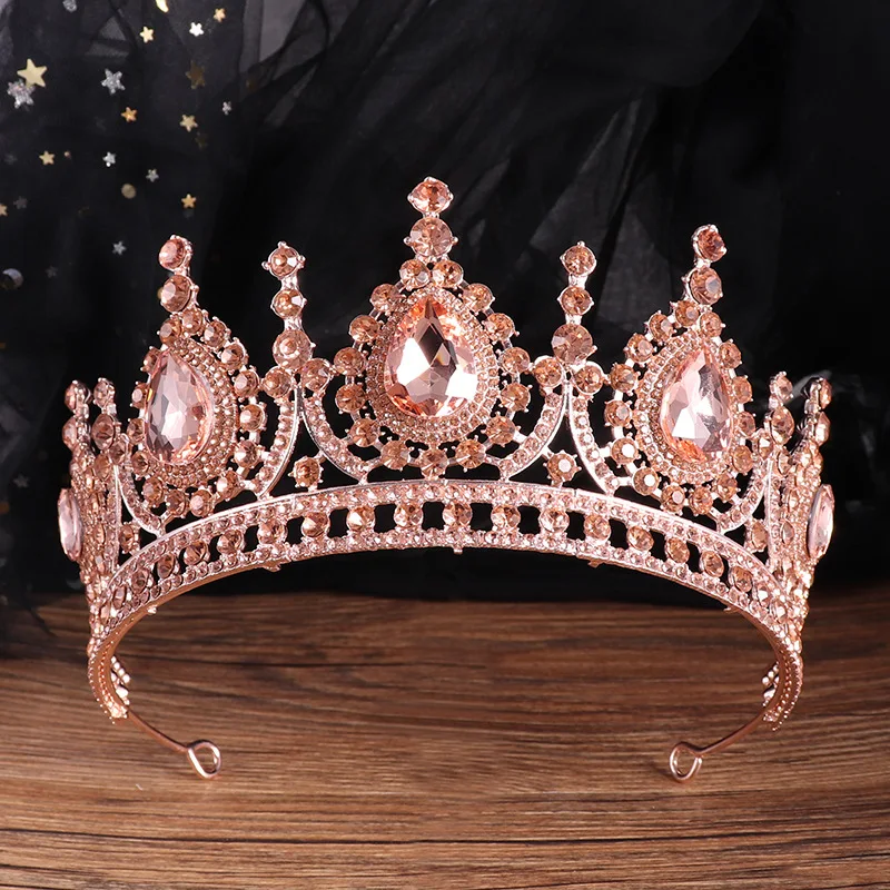 Baroque Vintage Peach Crystal Bridal Tiaras Queen Big Rhinestone Crown Women Beauty Pageant Diadem Wedding Hair Accessories Gift