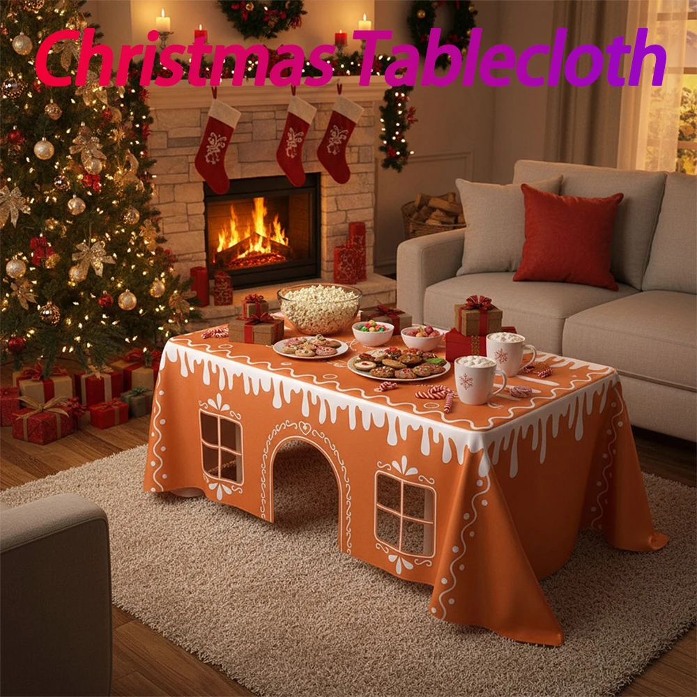 

Gingerbread House Christmas Tablecloth Reusable Christmas Table Cover for Winter Xmas Holiday Party Decoration