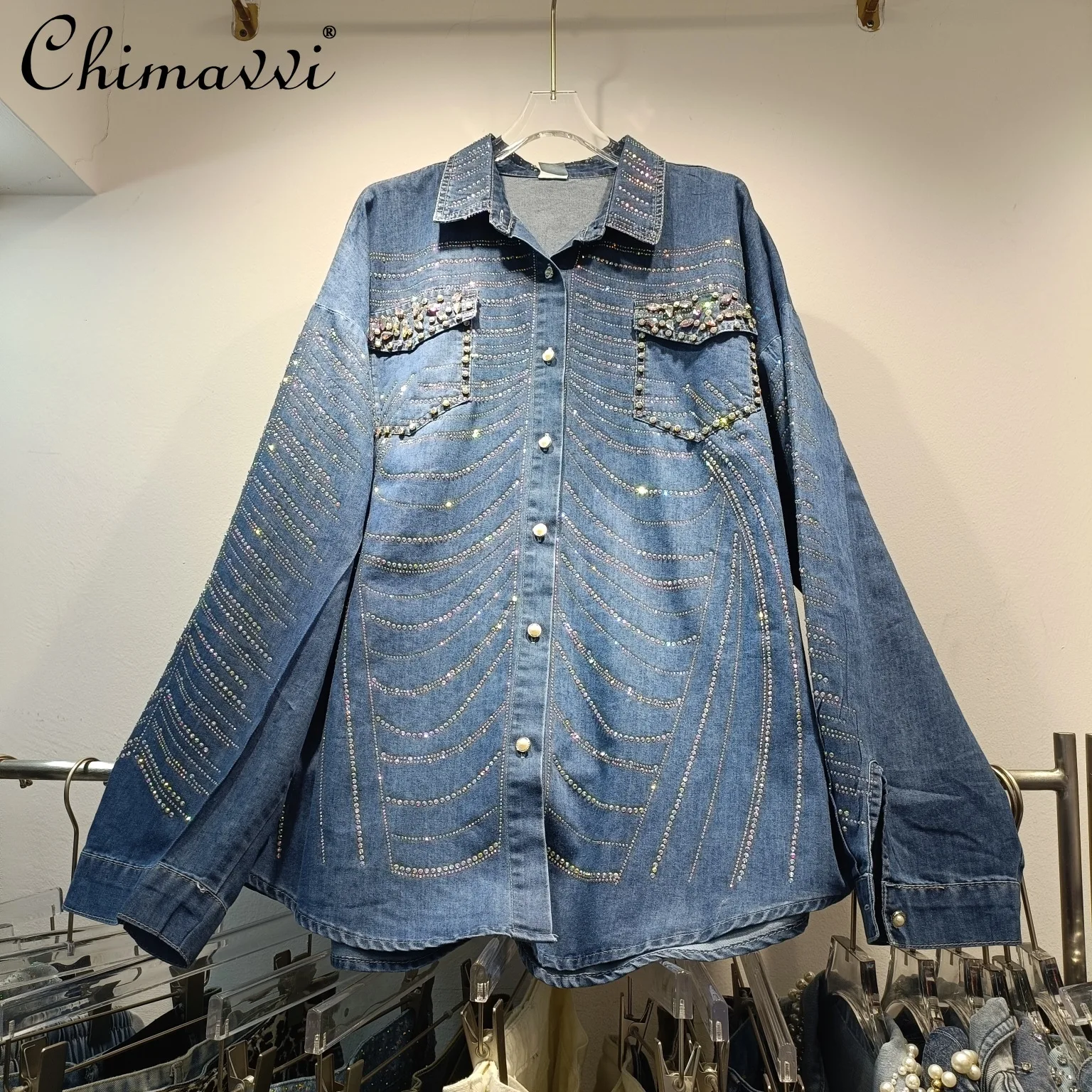 Heavy Industry Diamond Washed Denim Shirt Spring New High-end Wide Leg Large Size Jeans Set Streetwear Women's Two-piece Set