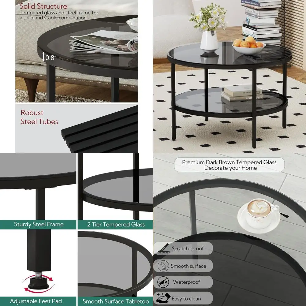 

Modern 26 Black Glass 2-Tier Coffee Table with Storage for Living Room and Small Spaces