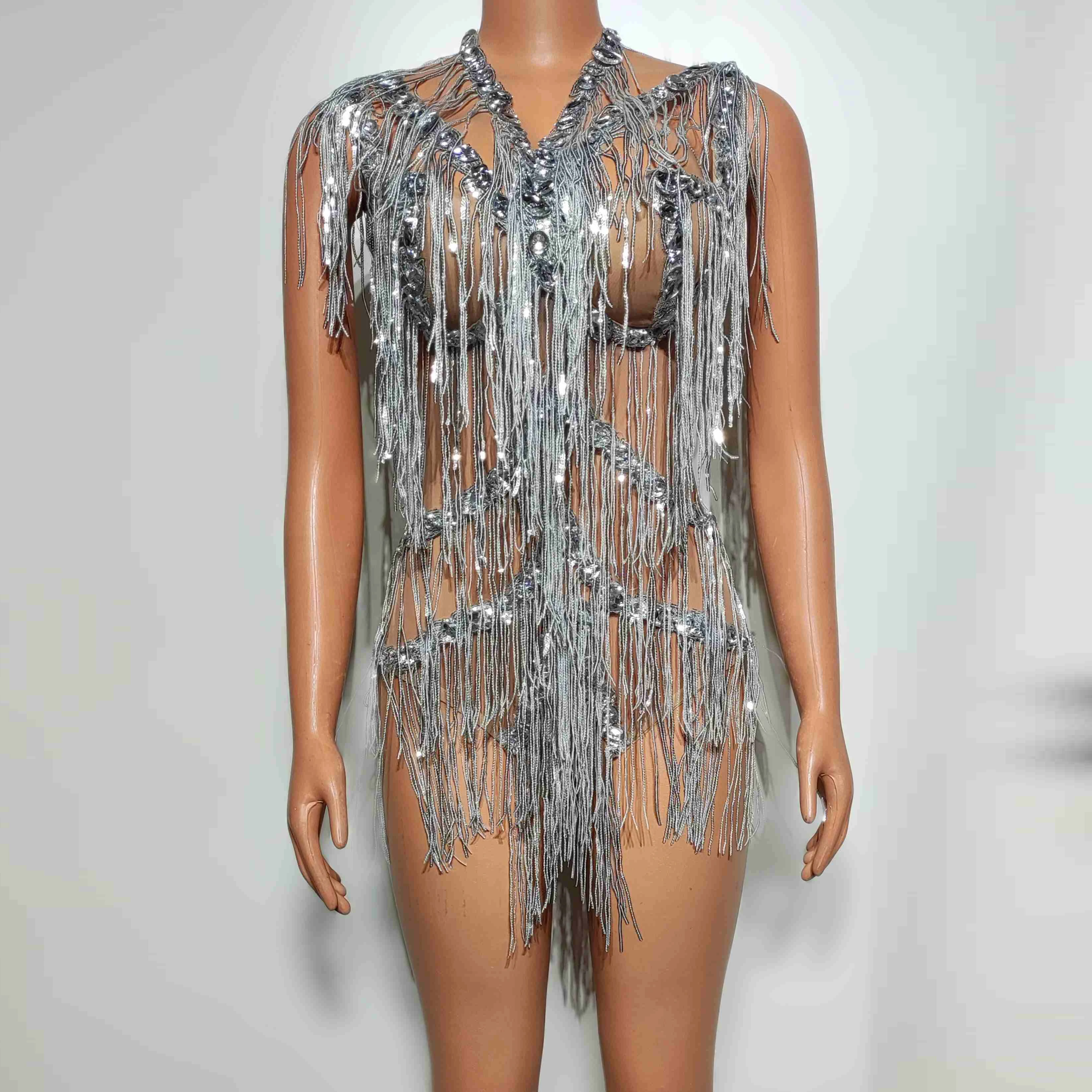 

Shiny Silver Fringed Bodysuit Pole Dance Costume Dj Ds Party Rave Clothing Nightclub Singer Dancer Performance Clothes VDB7891