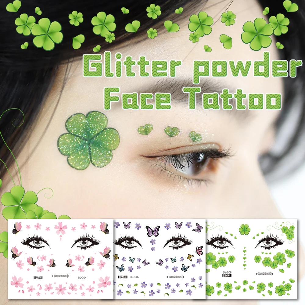 Glitter em pó flor borboleta tatuagem adesivos temporários à prova dwaterproof água olhos rosto festivais arte corporal tatuagens falsas cosméticos