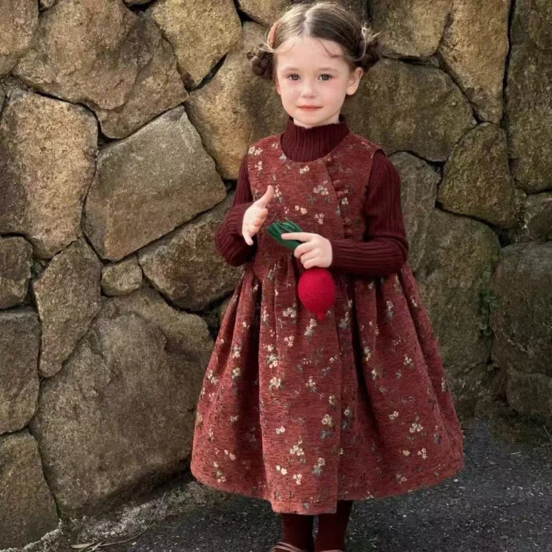 

Girls Dress Set2025Autumn and Winter New Fashionable Chenille Jacquard Vest Red Dress Sweater