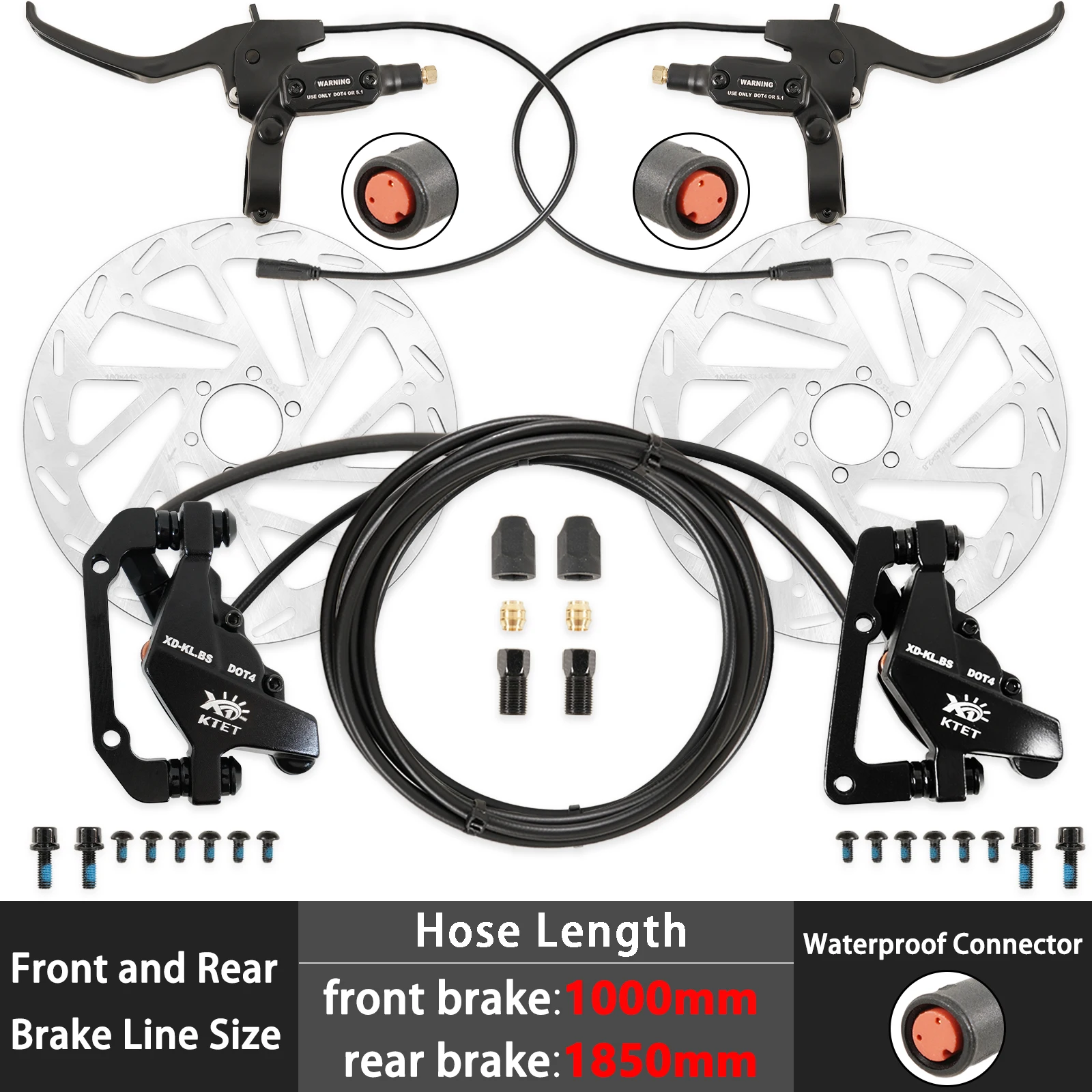 

2 Piston Ebike Hydraulic Disc Brake Kit 2 PIN Female Waterproof Connector Front and Rear Brakes Kit With 180mm 2.75mm Rotor