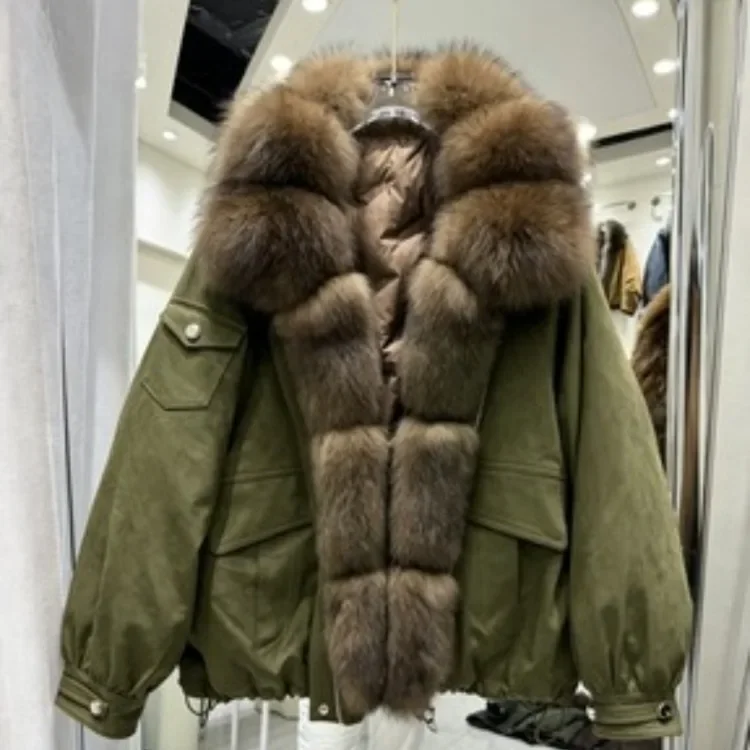 OFTBUY Real Suede Jacket Winter Warm Button Thick Padded Fashion Loose Outerwear Women Luxury Fox Fur Collar Duck Down Parka
