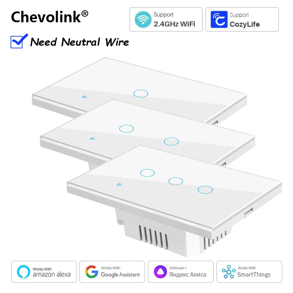 US WiFi Smart,Touch Light Switch,Works with Alexa Google Home,Neutral Wire Required,1/2/3 Gang,100-240V,CozyLife App Control