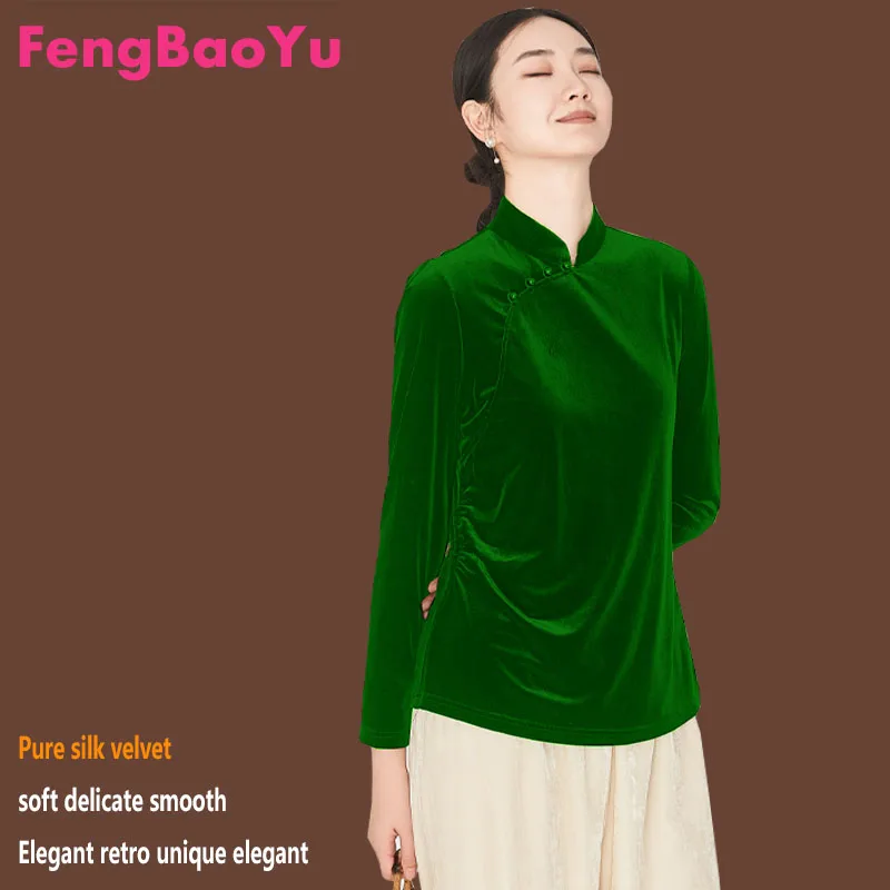 Silk Velvet Shirt for Ladies, Chinese Standing Collar, Temperament, Elegant Top, Retro Casual Clothing, Nine-Qua