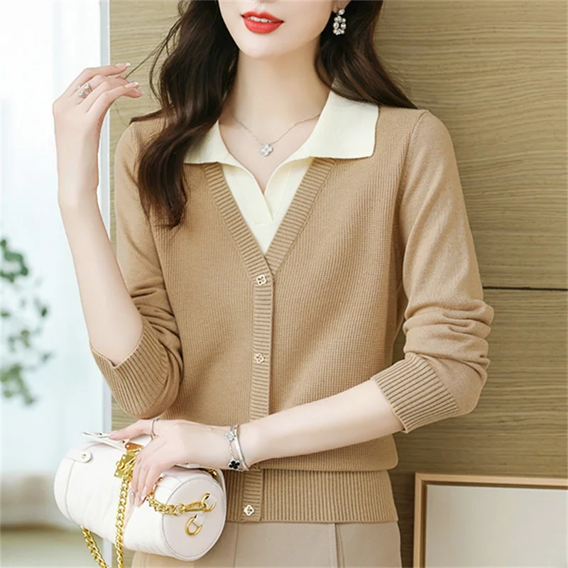 Sweter damski Dongguan Daliang, nowy, dzianinowy, imitacja dwuczęściowego swetra, długi rękaw, dekolt w serek, standardowa długość, kardigan zimowy.