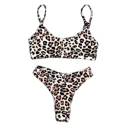 Kadın kız için yeni seksi leopar baskı Bikini moda Backless Bikini seti iki parçalı bölünmüş yüzme giysisi seti plaj düşük bel mayo