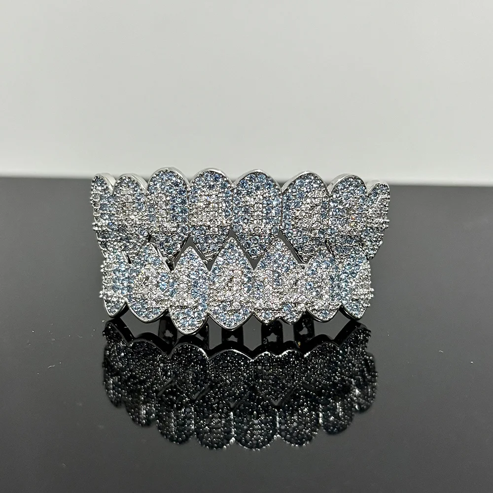 RACHELZ 8/8 Top Bottom 14 Number CZ Stone Teeth Caps Hip Hop Shiny Zircon Tooth Grills Women Men Jewelry Cosplay Dental Grillz