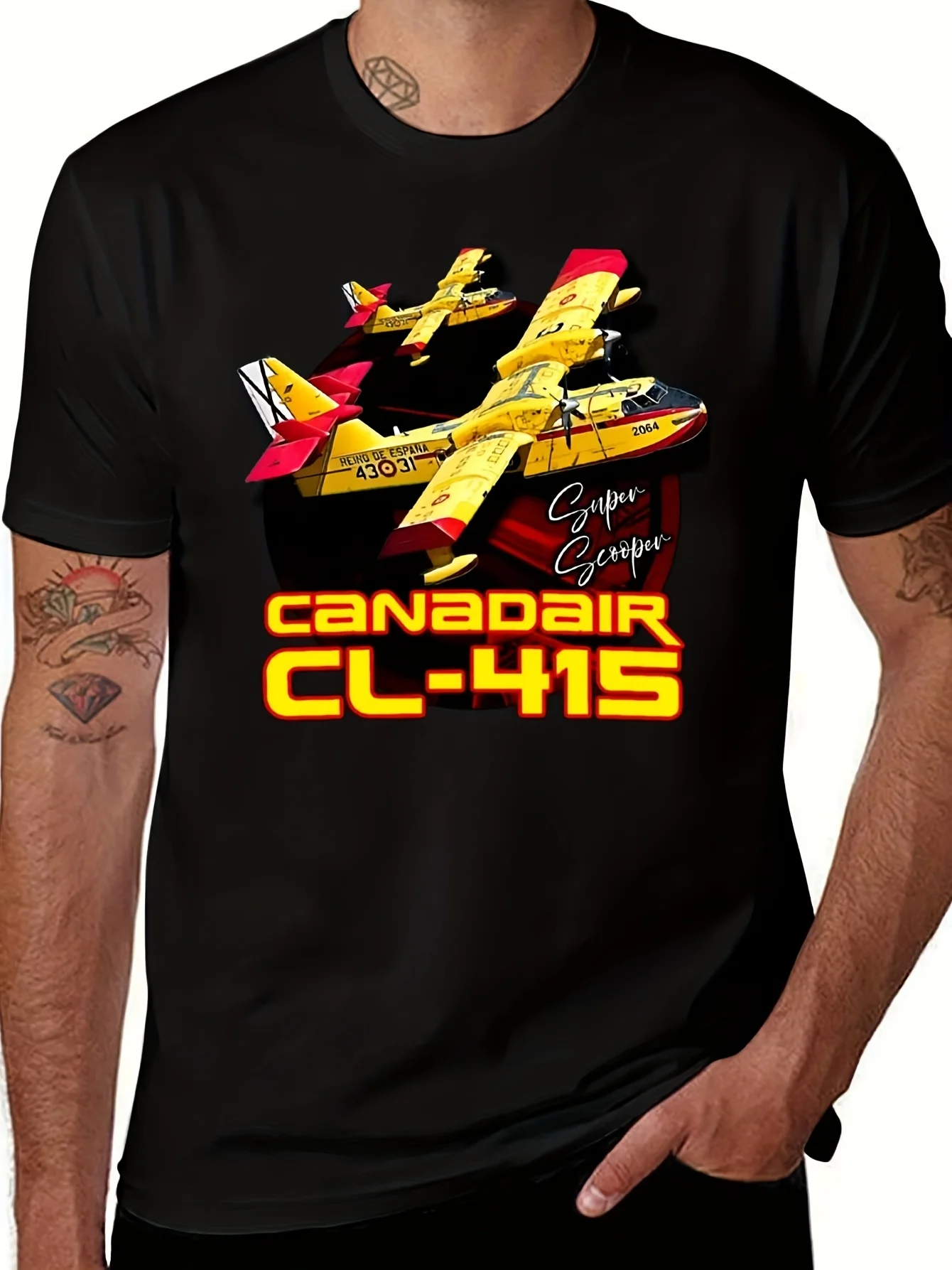 

Men's Canadair CL-415 Super Scooper Firebomber Aircraft Graphic T-Shirt - Black Aviation Tee with Red/Yellow/Canadian Colors