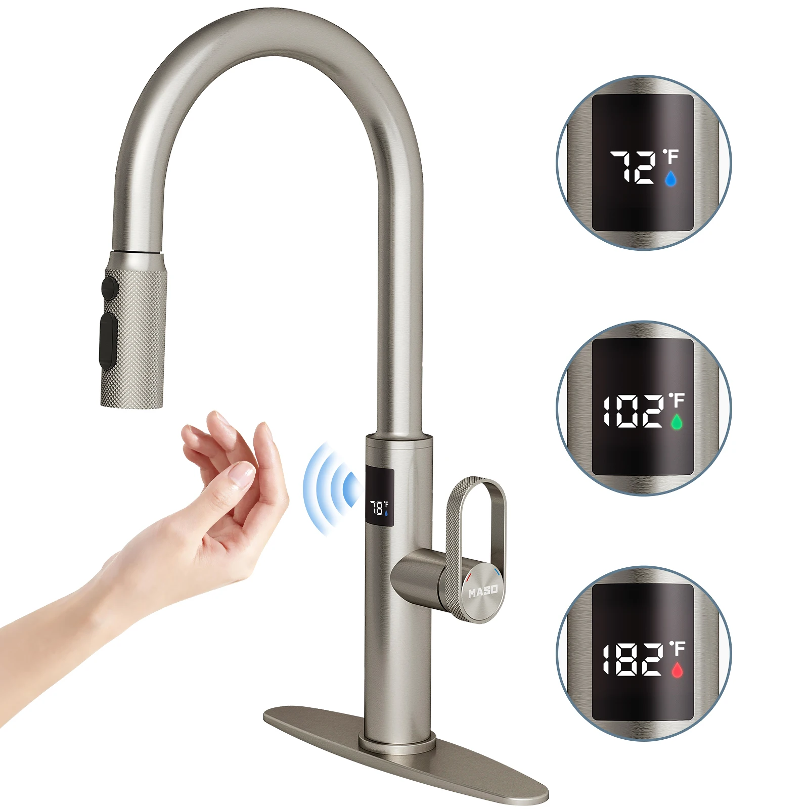 

Бесконтактный кухонный смеситель MASO с выдвижным распылителем и дисплеем температуры ° F), 3 режима, 360° ° Поворотный механизм, матовый никель