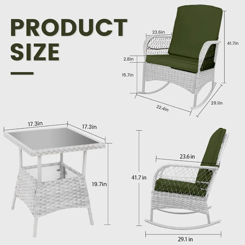 3 pcs Rocking Bistro Set Conversation Chairs PE Wicker Outdoor Rocking Chairs & Glass Table,for Porch Lawn Garden Backyard Deck