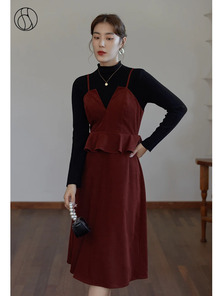 

DUSHU Women 2021 Winter Retro Dark Red Suspender Dress Ruffle Design Thin Bottoming Skirt Women Mid-length Suspender Skirts