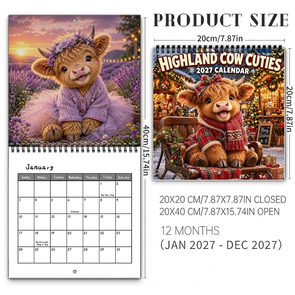 2027 Highland Cow Cuties Wall Calendar 12‑Month Cute Dressed Cow Spiral Hanging Farmhouse Home Decor Animal Lover Gift