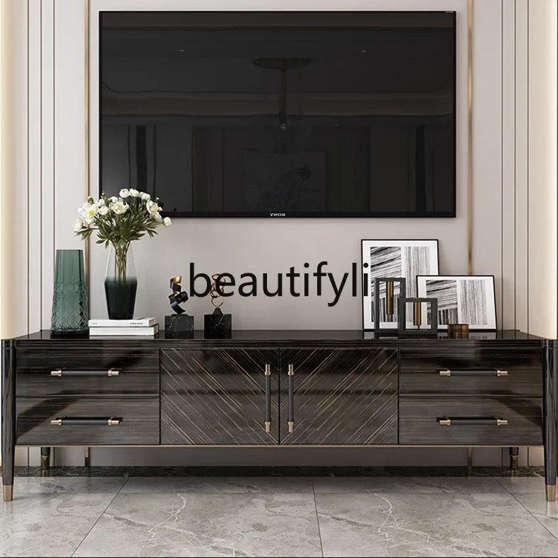 TV cabinet simple light luxury solid wood coffee table combination high gold silk black sandalwood Italian baking paint
