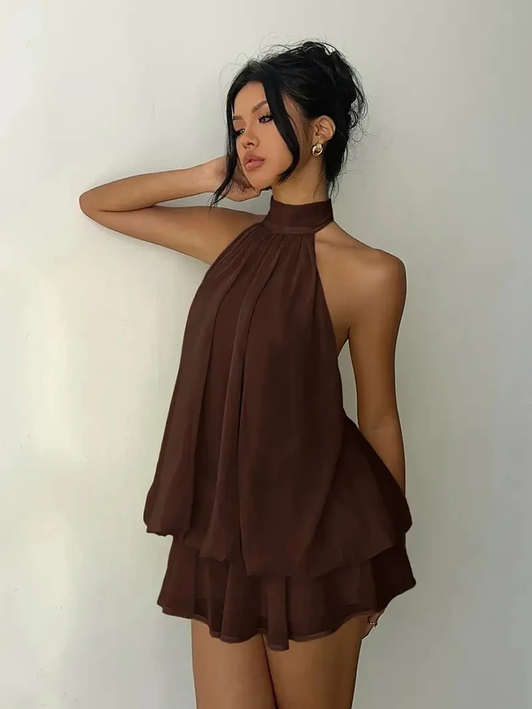 Vestido Mini Sem Mangas com Decote Halter e Costas Descobertas para Mulheres, Vestido de Chiffon com Renda, Sexy para Festas e Praia