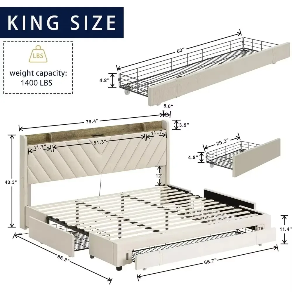 Bed Frame King with Headboard, 3 Underbed Storage Drawers, Charge Station, Wooden Support Slats No Box Spring Needed, Bed Frame