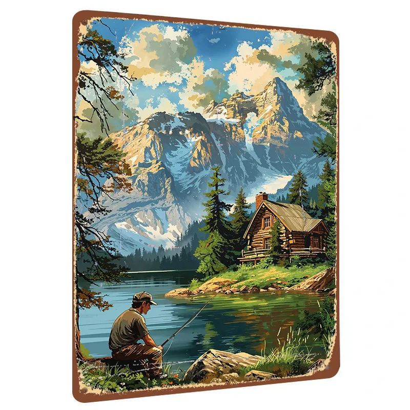 Mountain Lake Fishing Cabin Landscape Metal Tin Sign Home Decor Wall Art Painting