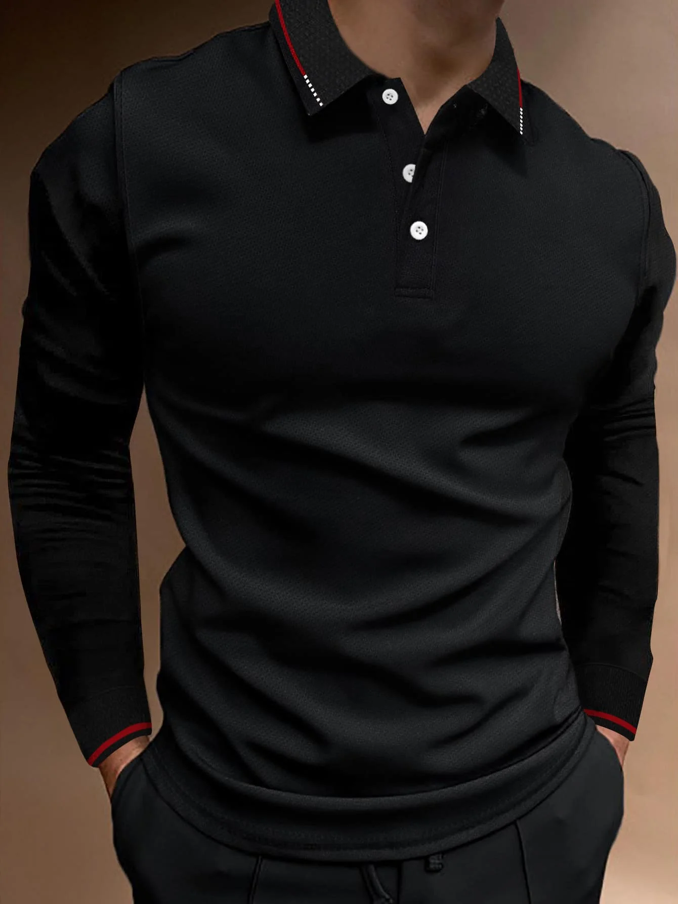 

Men's Black Long Sleeve Polo Shirt with Red Trim and White Buttons, Casual Workwear