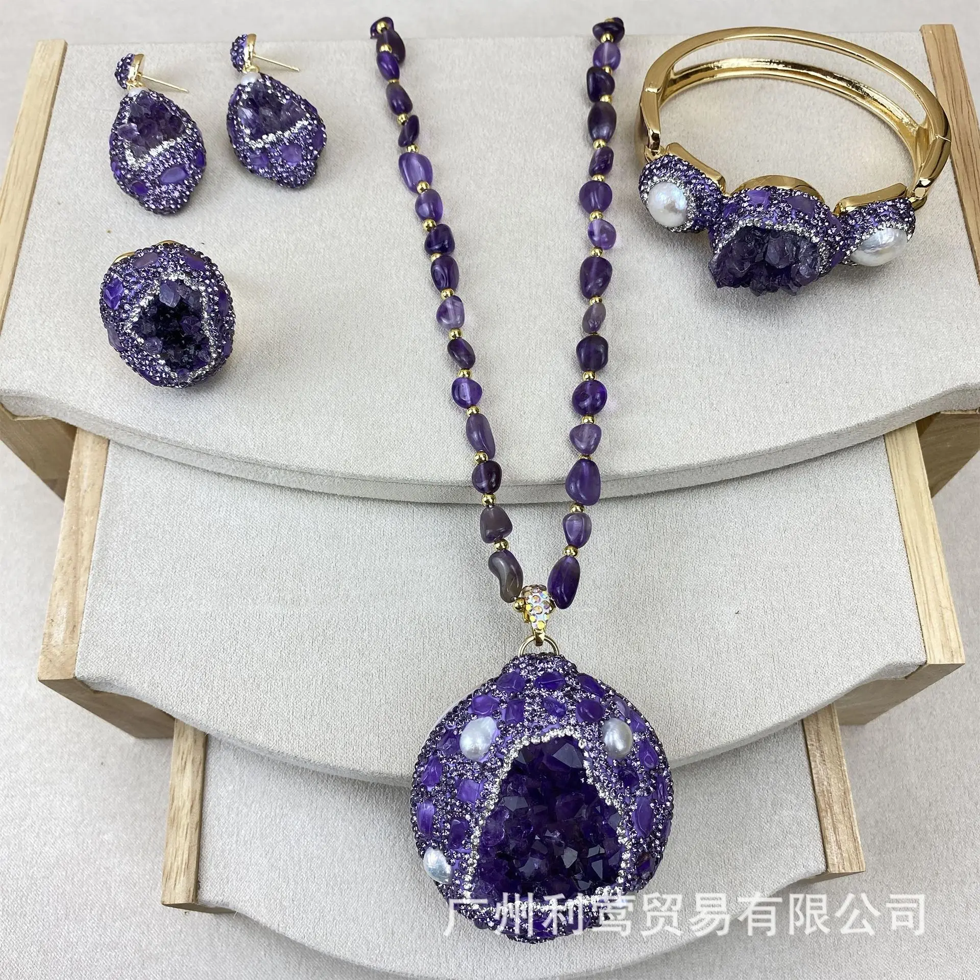 

Amethyst gemstone natural amethyst jewelry set French clay point crystal retention resource necklace earrings ring bracelet