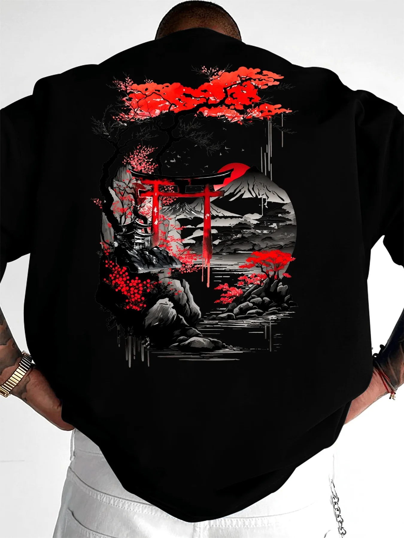 2026 Torii Mount Fuji Red Cherry Elements Suitable for Daily Commuting Casual Dates Daily Wear Men's Ukiyo-e Style T-shirt