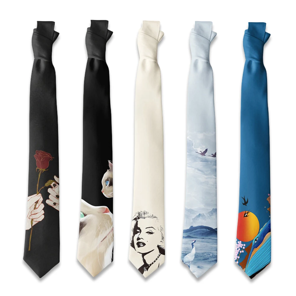 Cravate imprimée créative par Marilyn Monroe Designer Vintage Imitation soie cravates hommes mode 8Cm Graffiti peinture cravate florale