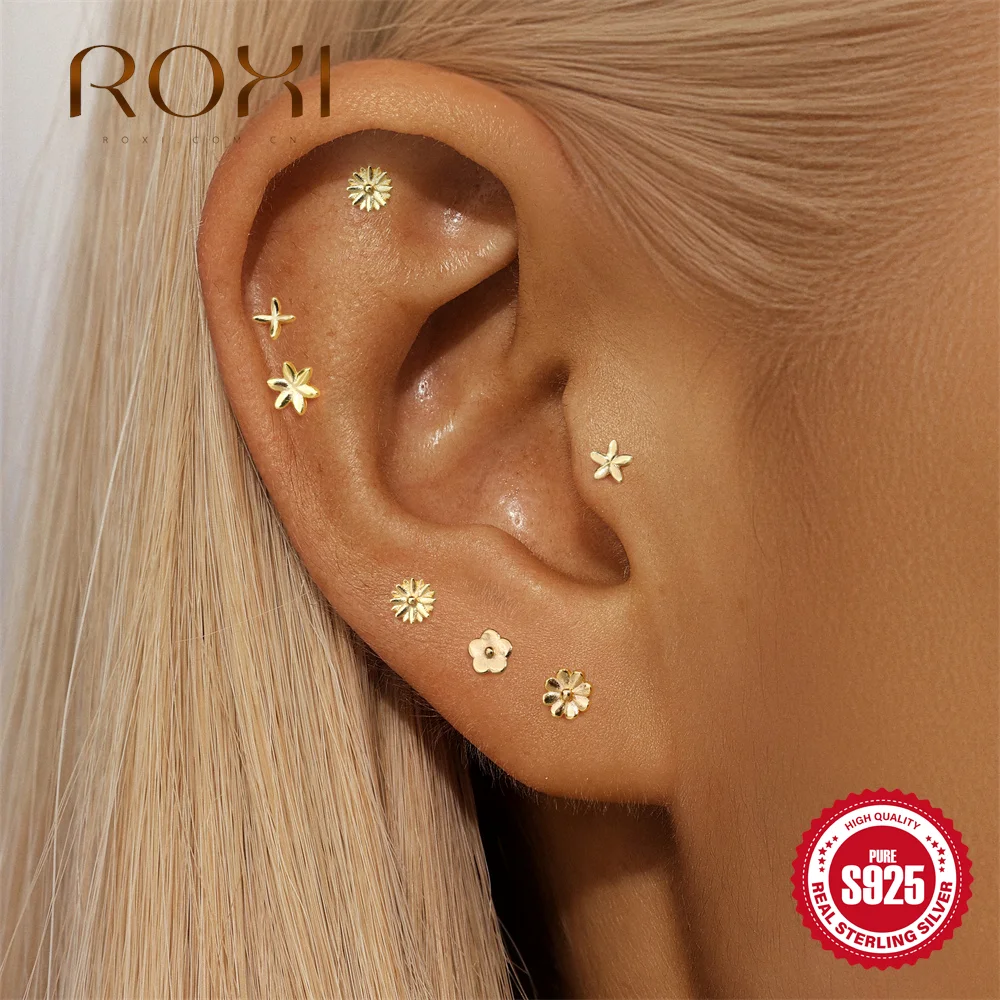 ROXI 925 Sterling Silver Golden AB Style Smooth Flower Element For Women Mini Cute Piercing Earrings Minimalist Fashion