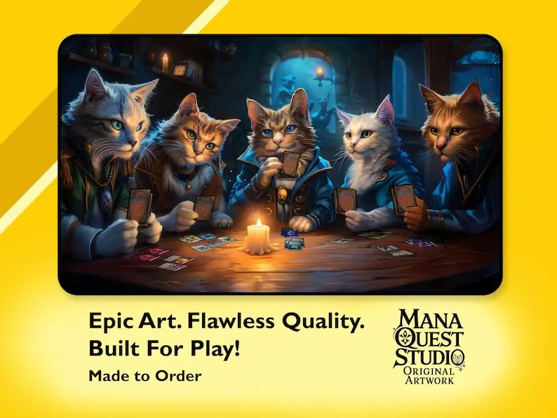 

MtG Playmat: Кошки играют в волшебство! Чистое изображение — гладкий, высококачественный игровой коврик, подходящий для волшебных вечеринок и других TCG!