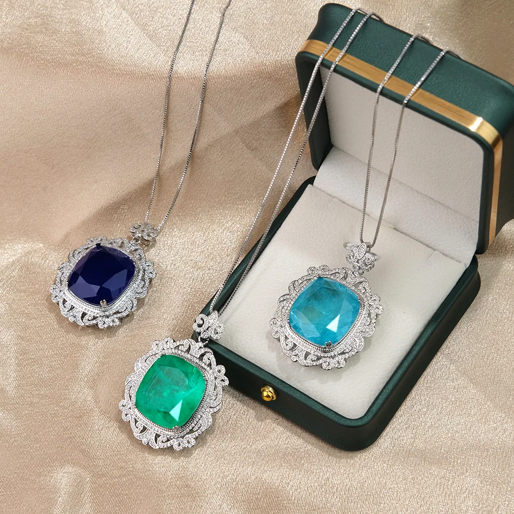 925 Sterling Silver Light Luxury Blue Square Zircon Diamond Pendant Necklace Birthday Party Anniversary Wedding Gift