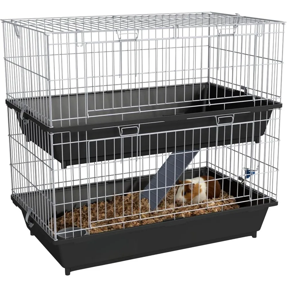 

2-Tier Small Animal Cage, Chinchilla Ferret Cage Indoor with Dish and Bottle, 2 Doors, Deep Bottoms, Ramp, 28"