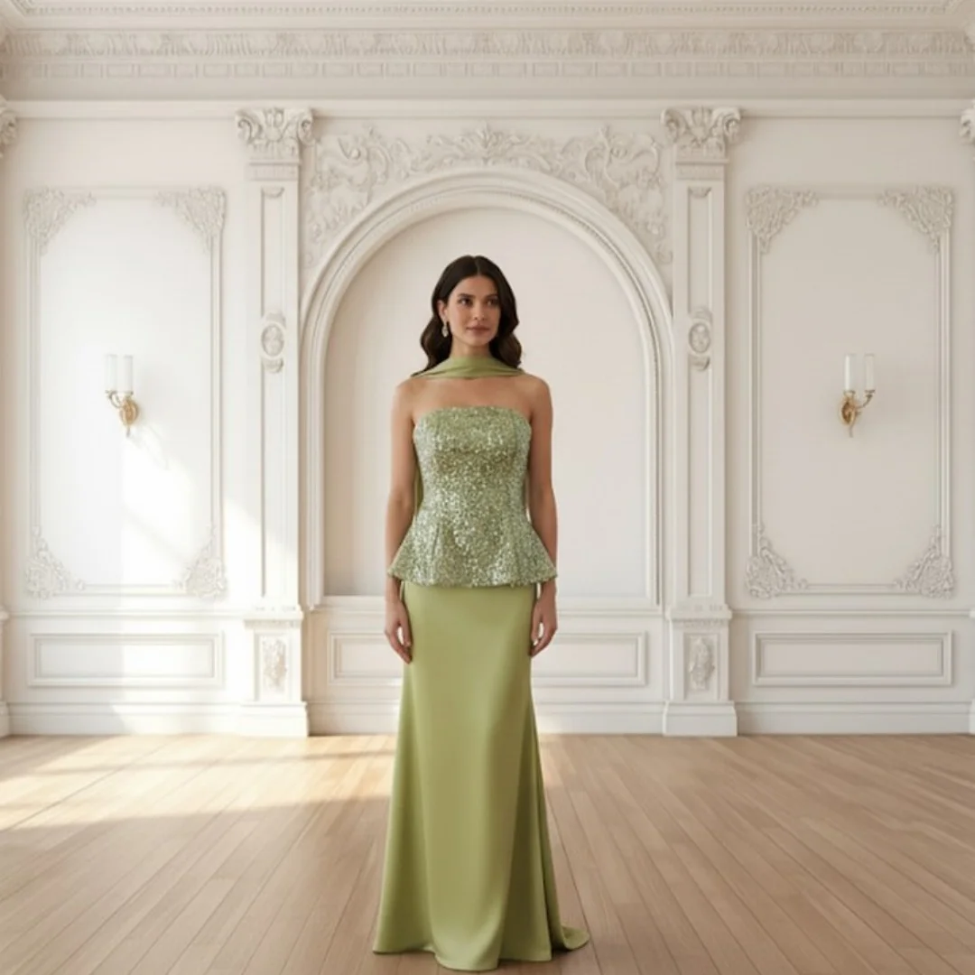 Ofherown Strapless Sequin Peplum Top Matching Scarf Satin Mermaid Long Skirt Three Piece Evening Dress Formal Banquet Prom Gown