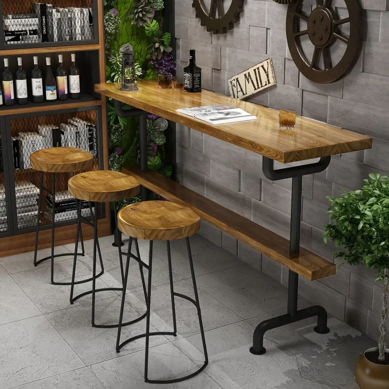 for American Retro Solid Wood Wall Mounted High Bar Table with Wrought Iron Industrial Style for Home Coffee Milk Tea Shop