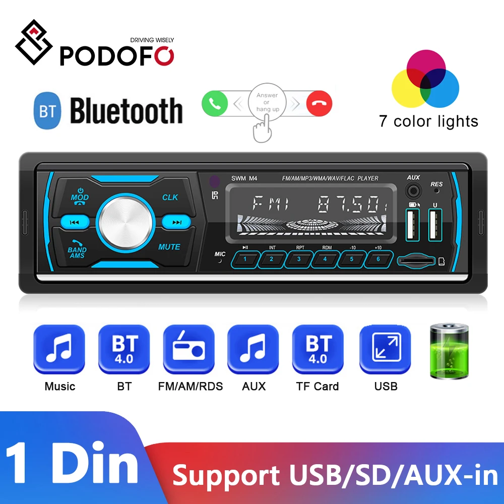 Podofo 1Din Car Radio MP3 Player Remote Control Bluetooth Audio FM/AM/RDS/DAB+ Car Stereo 1Din Car Radio USB/SD/AUX-IN Car Audio