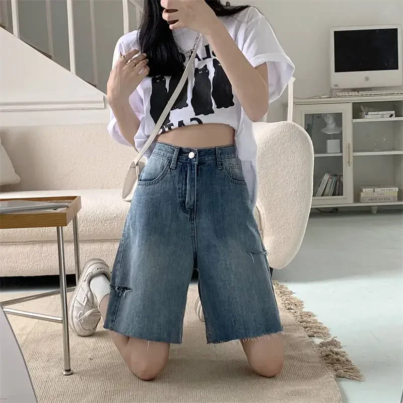 Denim shorts damesmode hoge taille eenvoudig effen ontwerp recht vrije tijd zomer gat all-match hotsweet dagelijks elegant doe oud