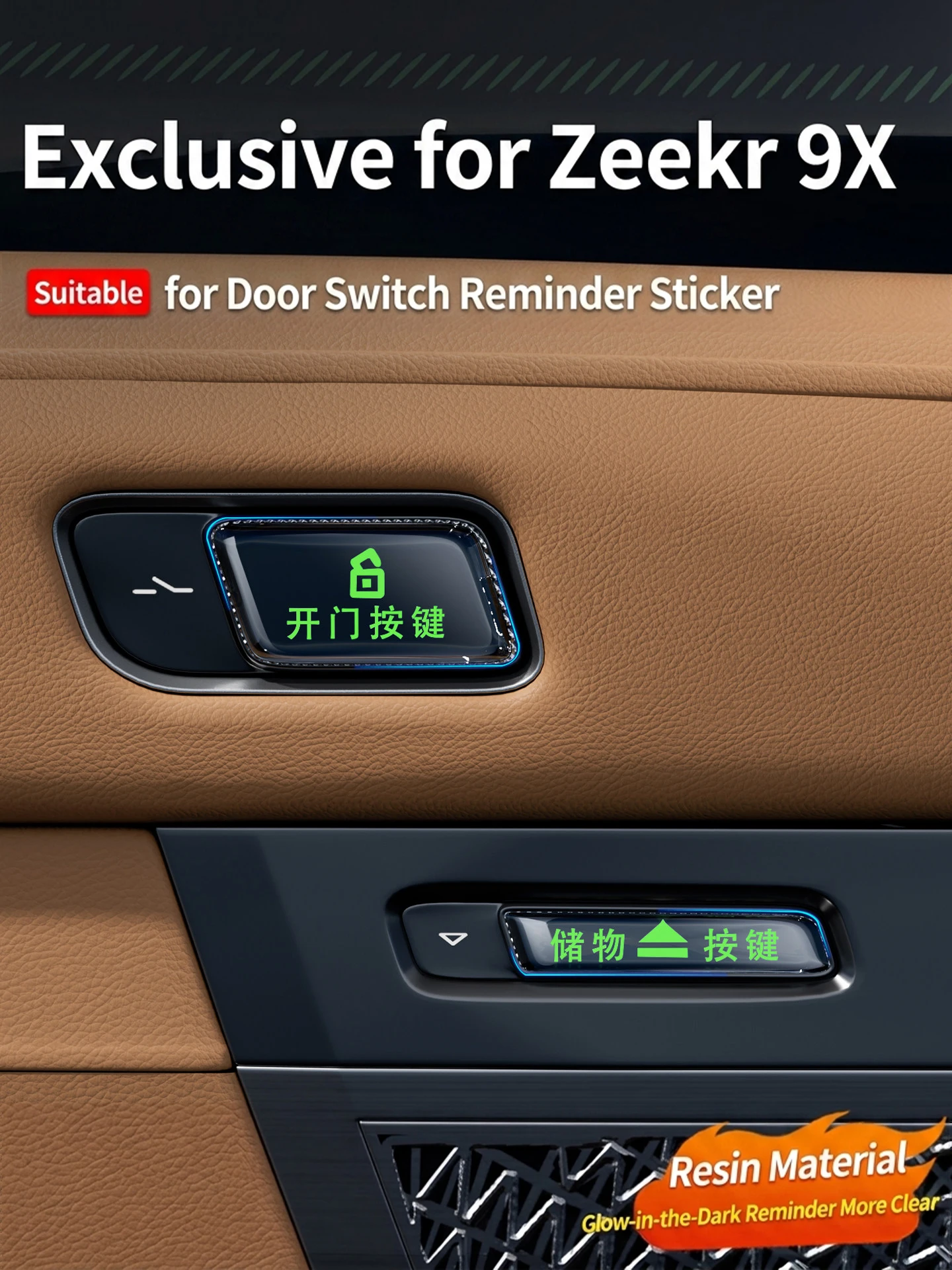 Door Switch Reminder Sticker For ZEEKR 9X Fluorescent Warning Sticker Storage Box Button Decal Car Interior Accessories