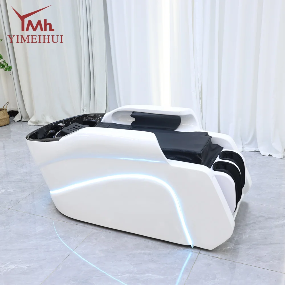

White color intelligent salon hair washing massage head water therapy shampoo bed