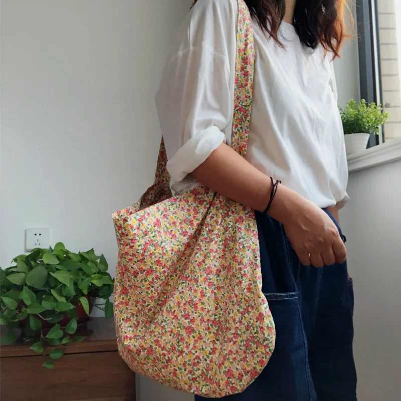 Vintage Flower Women Shoulder Messenger Bags Retro Floral Ladies Daily Shopping Bag Thin Cotton Cloth Female Large Tote Handbags