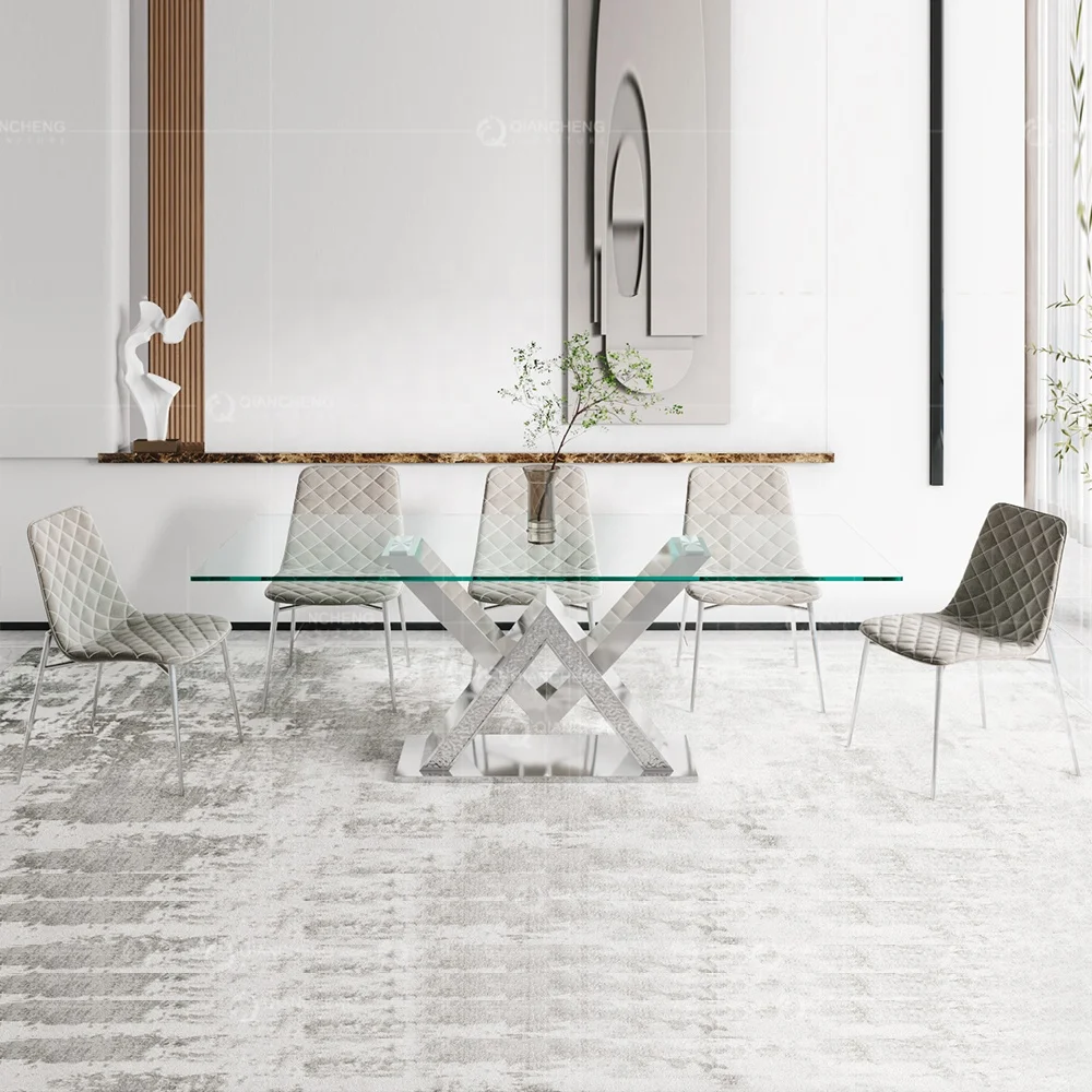 

Marble & Glass Dining Table Silver Metal Stainless Steel Legs Luxury Dining Room Furniture