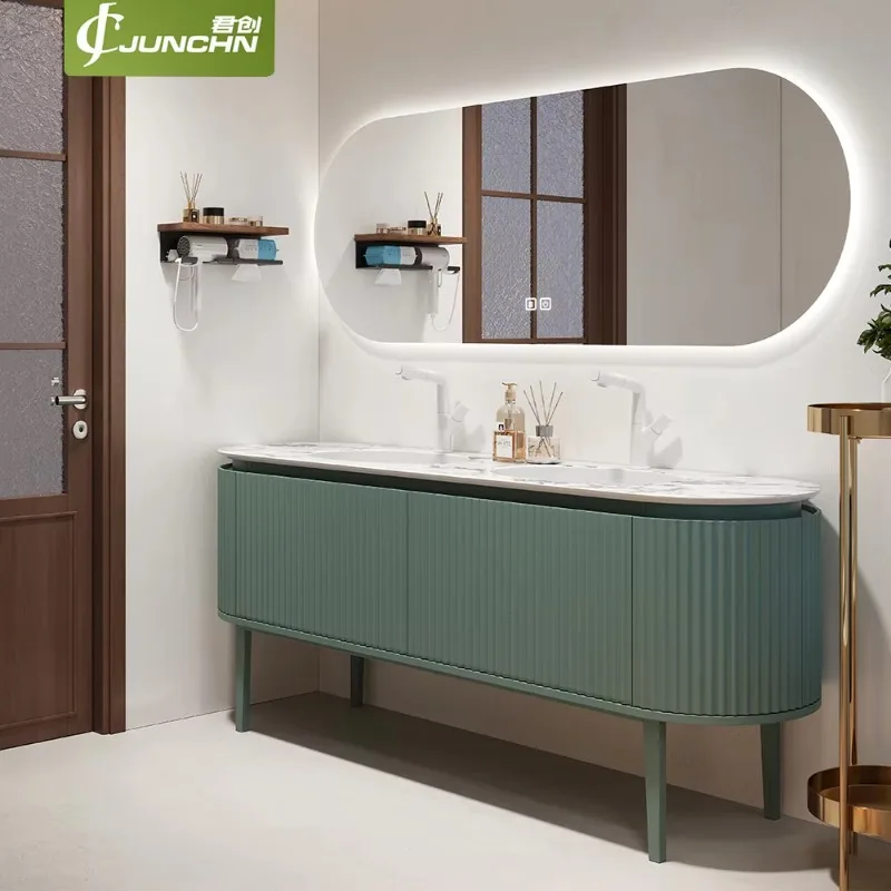 Sage Green Fluted Double Sink Bathroom Vanity, Marble Countertop Oval LED Light Mirror Cabinet Set