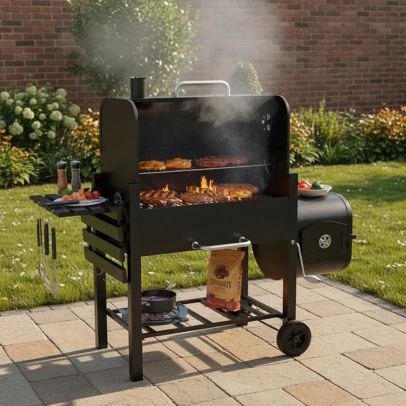 Barbecue de jardin en fonte de métal noir 124x66x112cm à 2 roues avec grille de cuisson, fumoir, équipement de cuisson extérieur pour jardin, patio, pique-nique, cadeau pour les amateurs de grillades